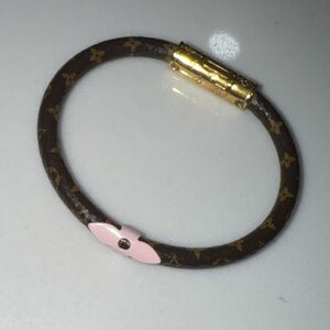 Louis Vuitton Brown Monogram Pink Flower Bracelet with Gold Clasp